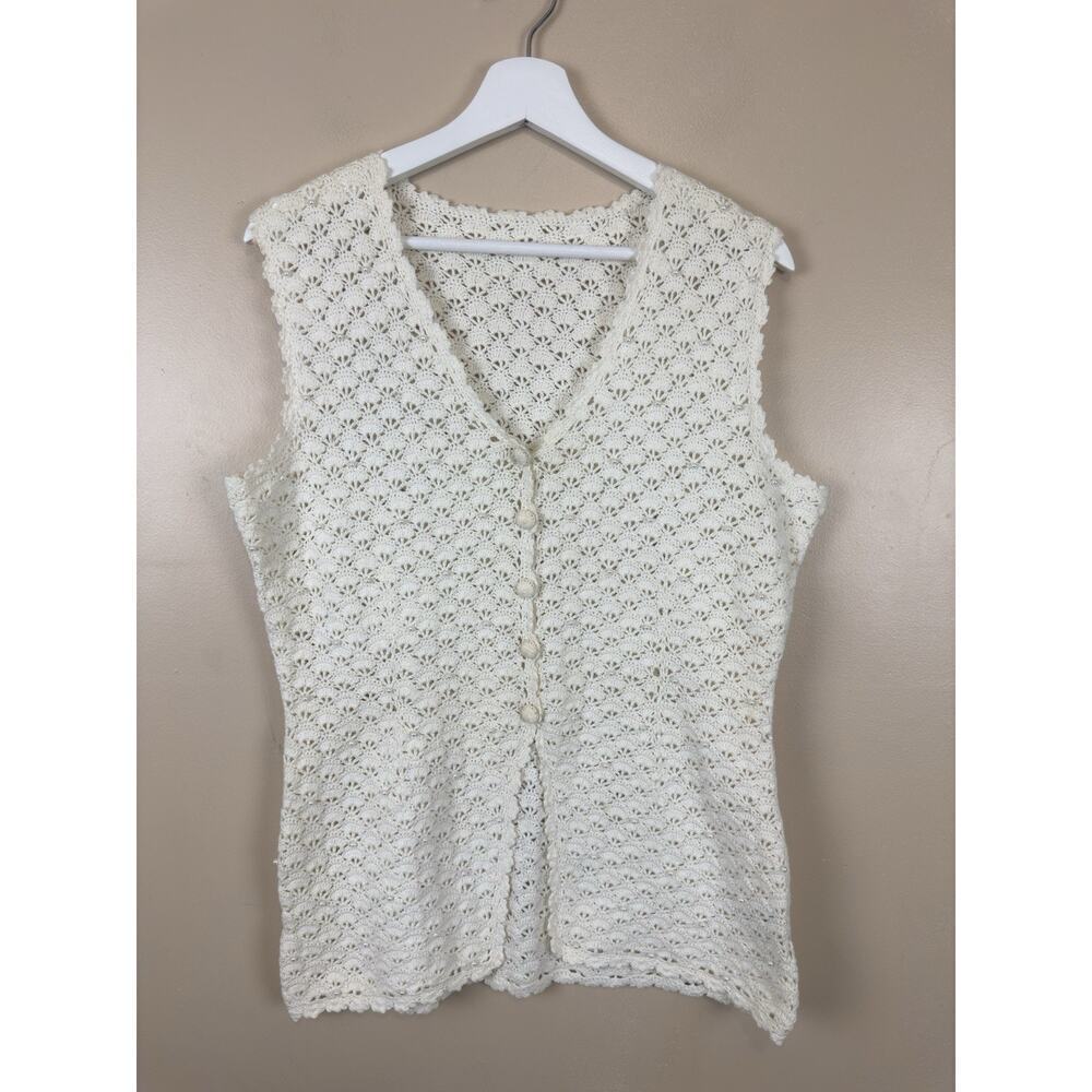 Vintage Cream Crochet Vest Handmade Beaded Pearls Boho Ivory Waistcoat Approx M